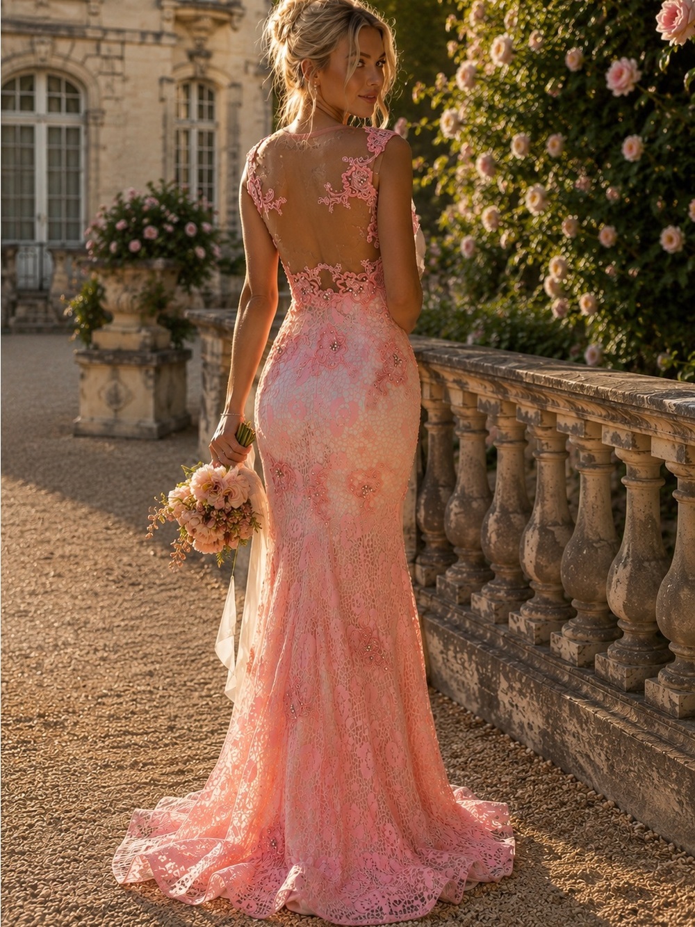 Vintage 1990s Blush Pink Illusion Lace Mermaid Prom Gown Beaded Floral Dress